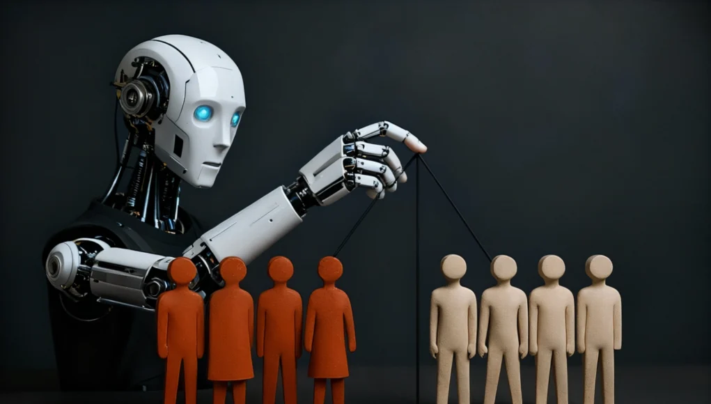 IA Manipulacion Un robot humanoide con ojos azules ilumina, manipulando con hilos dos grupos de figuras humanas de madera, uno en color rojo y otro en beige, simbolizando la división y el control social mediante tecnología.