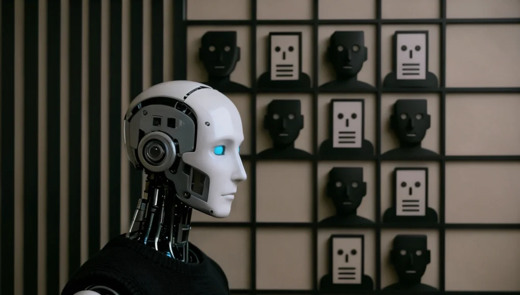 IA Universidad Un robot humanoide blanco con ojos azules brillantes aparece de perfil en primer plano, vestido con un suéter negro. Al fondo se ve una pared dividida en una cuadrícula con siluetas negras de rostros humanos estilizados, algunos sustituidos por iconos planos con forma de documento, reforzando la idea de deshumanización y automatización en el contexto educativo.