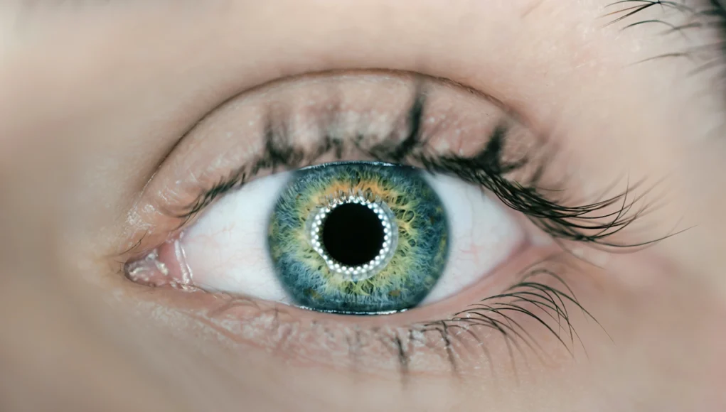 Un ojo humano con iris de tonos azules, verdes y amarillos. La pupila refleja un anillo de luz, y se aprecian con detalle las pestañas y la textura de la piel alrededor.