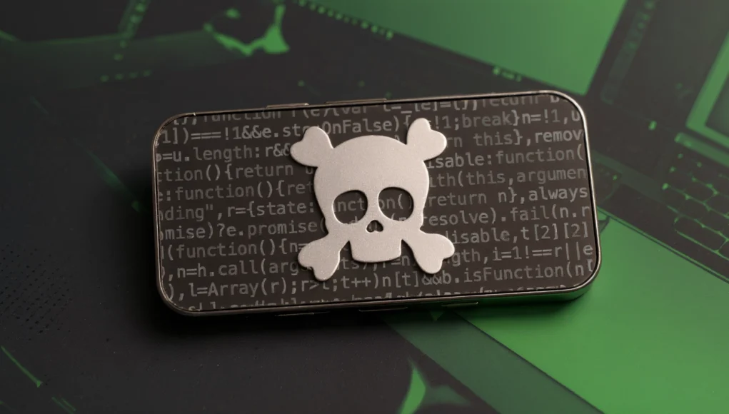 Malware Android Una placa metálica con un símbolo de calavera y huesos cruzados colocada sobre un fondo con líneas de código en tonos oscuros y verdes, representando un concepto de malware o ciberamenaza.