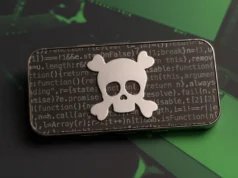 Nuevo malware bancario para Android vacía cuentas de forma sigilosa Una placa metálica con un símbolo de calavera y huesos cruzados colocada sobre un fondo con líneas de código en tonos oscuros y verdes, representando un concepto de malware o ciberamenaza.