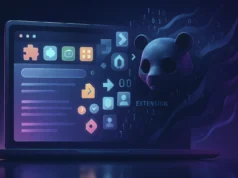 Extensiones maliciosas de navegador infectaron a 4.3 millones de usuarios durante 7 años con backdoors y spyware Un portátil con una interfaz llena de iconos de extensiones de navegador en colores brillantes. A la derecha emerge la silueta oscura de una máscara con forma de panda rodeada de números binarios, simbolizando una extensión maliciosa o un ataque digital.