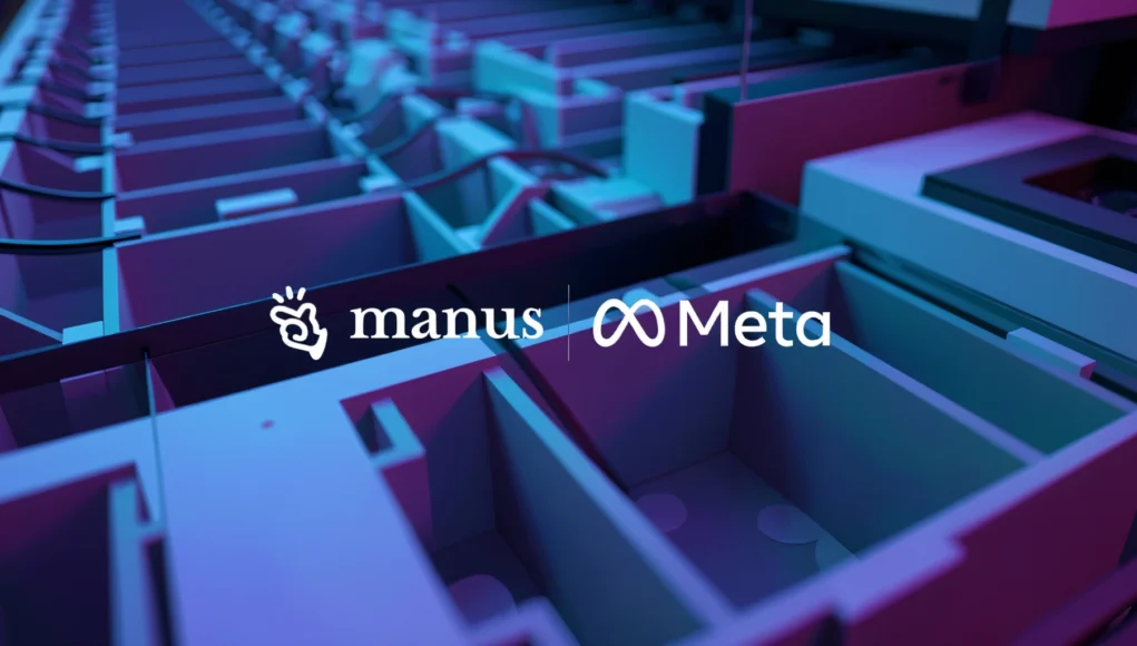 Imagen conceptual de tecnología e inteligencia artificial con un laberinto tridimensional iluminado en tonos azules y morados; sobre la escena aparecen los logotipos de Manus y Meta, sugiriendo una colaboración enfocada en sistemas complejos, razonamiento avanzado o exploración de caminos algorítmicos.