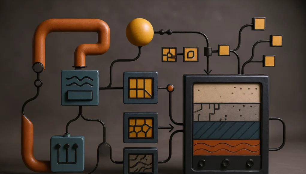 Materiales Videojuegos Un pipeline tecnológico: bloques geométricos conectados por tubos y cables forman un flujo visual que transforma texturas en capas de material. A la derecha, un módulo principal muestra varias capas superpuestas con diferentes patrones y colores, evocando mapas PBR, mientras a la izquierda nodos intermedios simbolizan procesos de generación y conversión