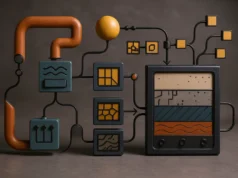 Ubisoft libera el modelo CHORD y nodos ComfyUI para generación de materiales en videojuegos Un pipeline tecnológico: bloques geométricos conectados por tubos y cables forman un flujo visual que transforma texturas en capas de material. A la derecha, un módulo principal muestra varias capas superpuestas con diferentes patrones y colores, evocando mapas PBR, mientras a la izquierda nodos intermedios simbolizan procesos de generación y conversión