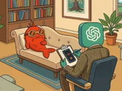 Extensiones de navegador venden en secreto tus conversaciones «privadas» con la IA Ilustración humorística de un pez rojo recostado en un diván como en una sesión de terapia, usando gafas, mientras una figura con el logotipo de ChatGPT en la cabeza toma notas en una libreta con un dispositivo de grabación de voz, en un despacho acogedor con libros y plantas.