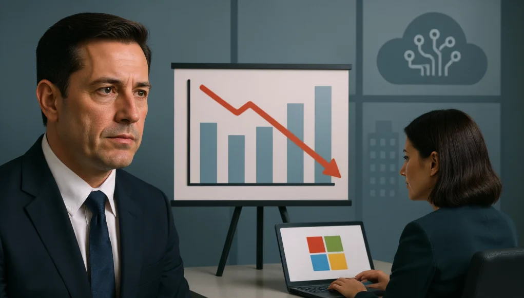 Microsoft Bolsa En una sala de oficina, un hombre con traje oscuro aparece serio mientras, al fondo, se ve un gráfico en un caballete que muestra una tendencia descendente. Frente al gráfico, una mujer trabaja en una laptop con el logotipo de Microsoft. En la pared hay un ícono de nube relacionado con tecnología.