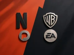 Netflix consideró comprar EA antes de su oferta por Warner Bros Ilustración con fondo dividido diagonalmente entre rojo y negro. En el lado rojo aparece una gran letra “N” metálica oscura, asociada visualmente al estilo de Netflix, junto a un símbolo circular plateado. En el lado negro, se muestran dos emblemas metálicos: el escudo de Warner Bros. en la parte superior y el logotipo circular de EA en la parte inferior. La luz proyecta sombras suaves sobre toda la composición, dando un aspecto tridimensional a los logotipos.