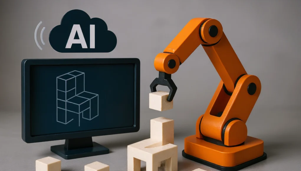 Objetos Voz Un brazo robótico naranja coloca un cubo sobre una pequeña estructura modular con forma de silla, mientras un monitor cercano muestra un modelo 3D en forma de cubos. Sobre el monitor aparece un ícono de nube con las letras ‘AI’. Varias piezas cúbicas adicionales están esparcidas sobre la superficie.