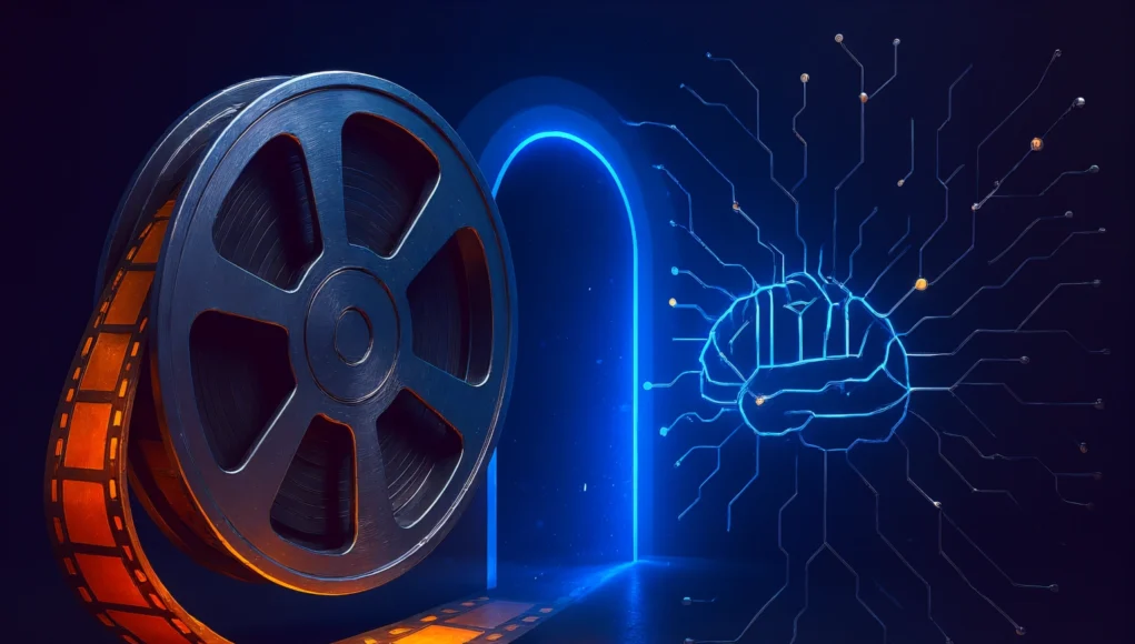 OpenAI Disney Ilustración conceptual en formato apaisado que muestra un gran carrete de película metálico con una cinta luminosa de color naranja extendiéndose hacia la derecha. Frente a él, un arco brillante azul funciona como portal entre el cine tradicional y un cerebro digital formado por circuitos y nodos luminosos, simbolizando la conexión entre el entretenimiento y la inteligencia artificial. El fondo es oscuro, con iluminación contrastada en tonos azules y naranjas.
