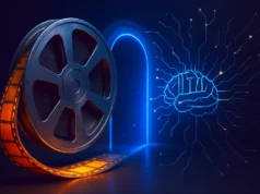 Disney invierte mil millones de dólares en OpenAI y permitirá usar sus personajes en el generador de video con IA Sora Ilustración conceptual en formato apaisado que muestra un gran carrete de película metálico con una cinta luminosa de color naranja extendiéndose hacia la derecha. Frente a él, un arco brillante azul funciona como portal entre el cine tradicional y un cerebro digital formado por circuitos y nodos luminosos, simbolizando la conexión entre el entretenimiento y la inteligencia artificial. El fondo es oscuro, con iluminación contrastada en tonos azules y naranjas.