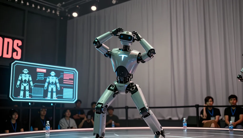 Caída Tesla Optimus Un robot humanoide metálico realiza una pose con las manos sobre la cabeza en un escenario circular durante una demostración tecnológica. Detrás se observa una pantalla digital con diagramas del robot y varias personas sentadas como público. Botellas de agua están distribuidas en el borde del escenario, y cortinas grises forman el fondo.
