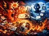 Rob Pike, cocreador del lenguaje Go, estalla contra un email de agradecimiento generado por IA Ilustración abstracta que representa el choque entre un programador enfurecido y una inteligencia artificial: un rostro humano grita mientras una figura robótica le entrega un correo electrónico, rodeados de símbolos digitales, teclados, fuego y un planeta en llamas, evocando el conflicto entre automatización, tecnología y desgaste humano.