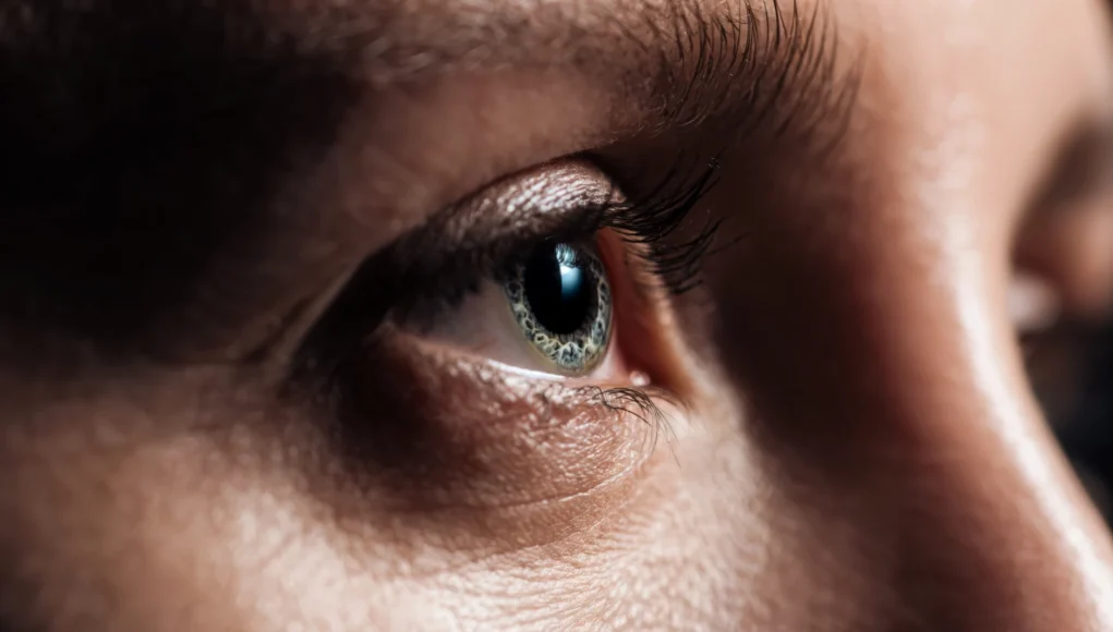 Primer plano de un ojo humano visto de perfil, con gran nivel de detalle en el iris, las pestañas y la textura de la piel, iluminado de forma suave y realista.